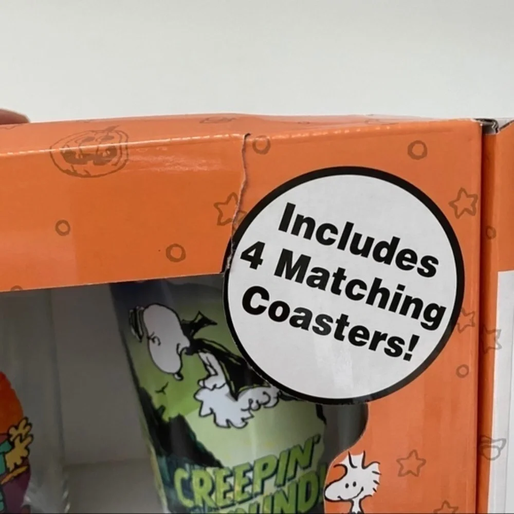 Peanuts Halloween Pint Size 16 oz Glasses with Coasters Colorful Scenes Set of 4